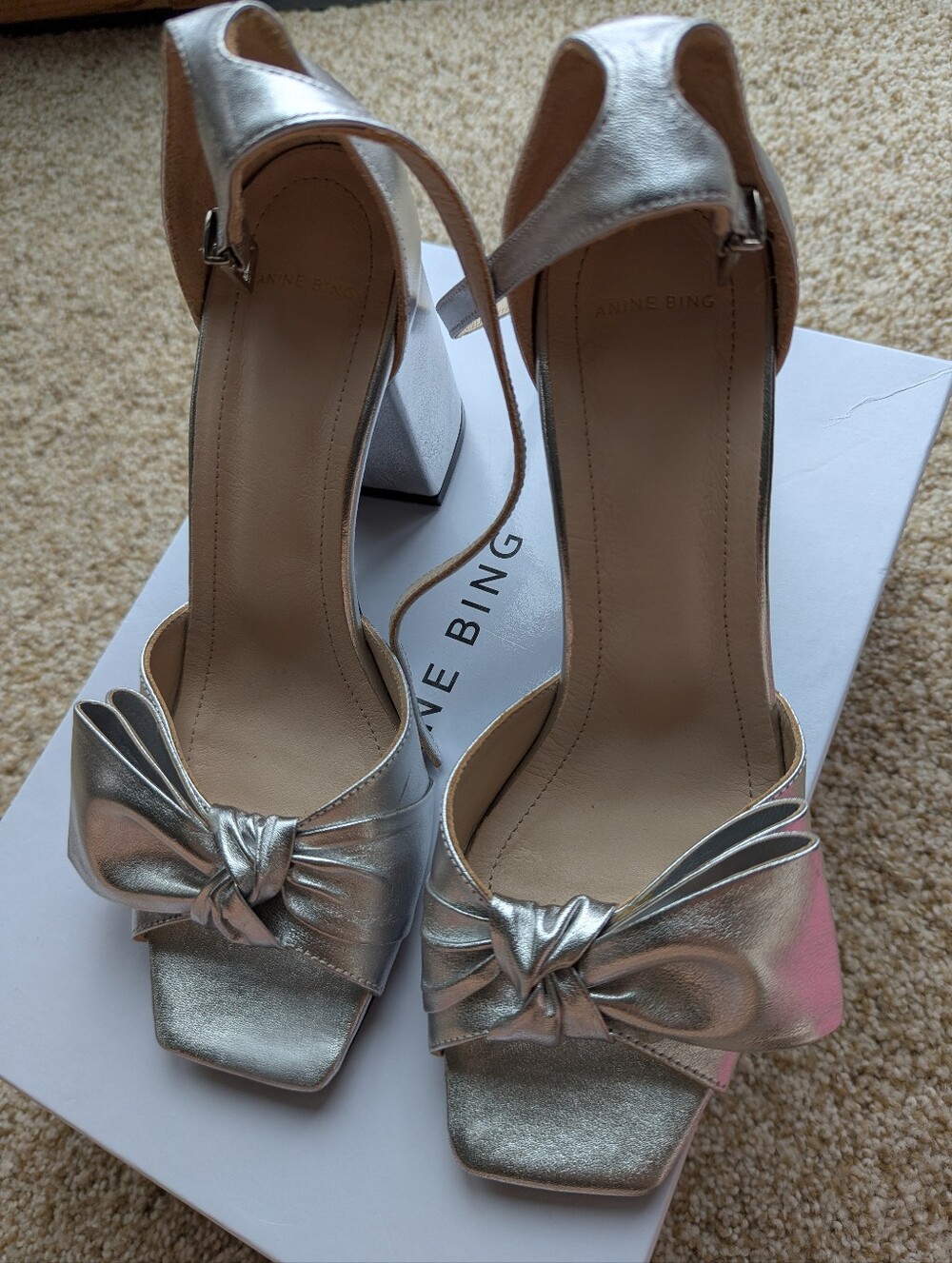 Anine Bing Metallic Silver Knotted Block Heel Sandals